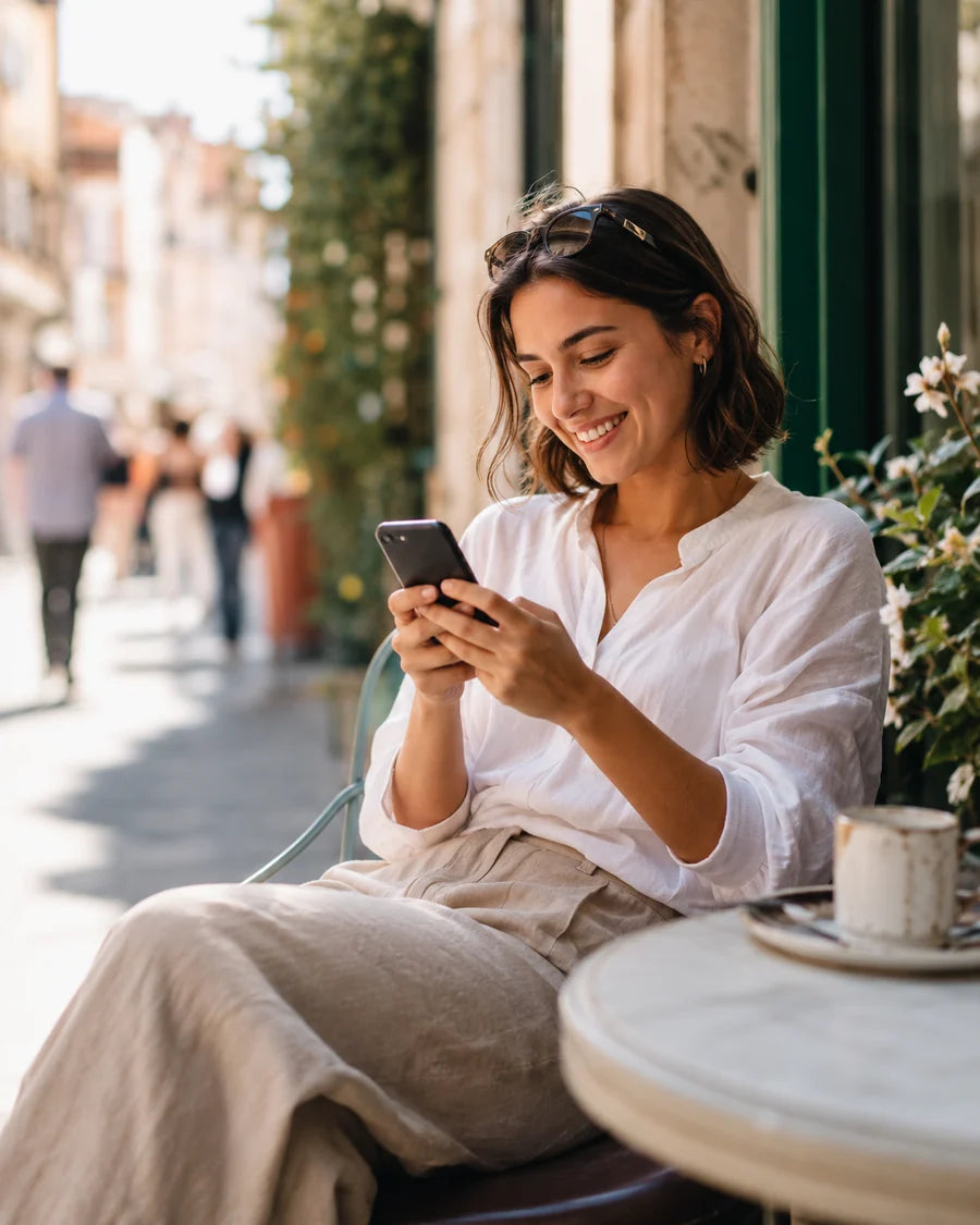 Woman using a smartphone at an outdoor café img