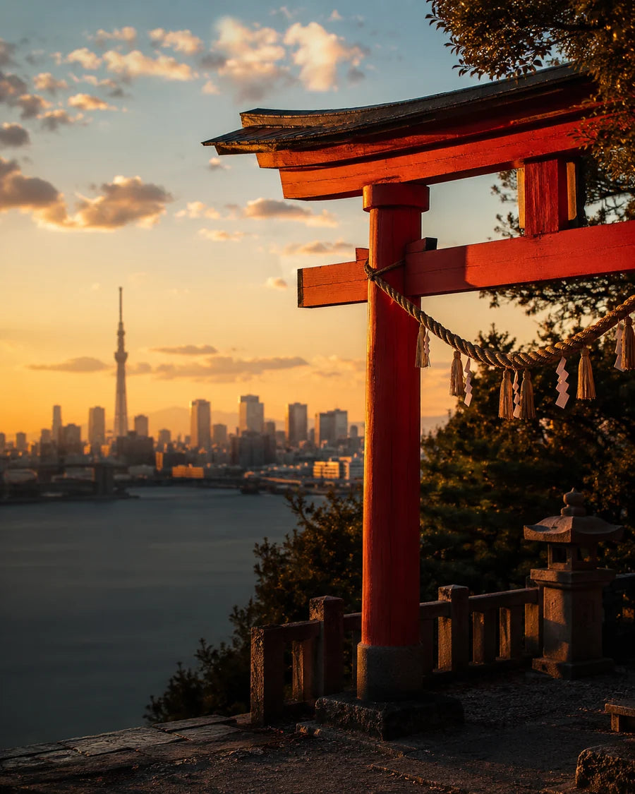 Japanese torii gate overlooking Tokyo at sunset img