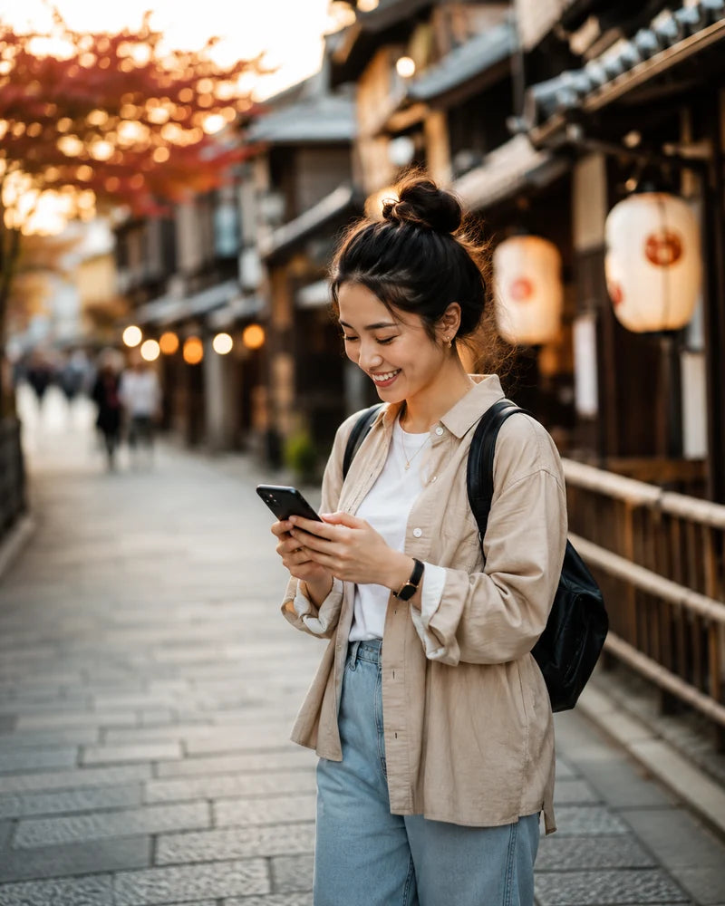 Woman using a smartphone on a Japanese street img